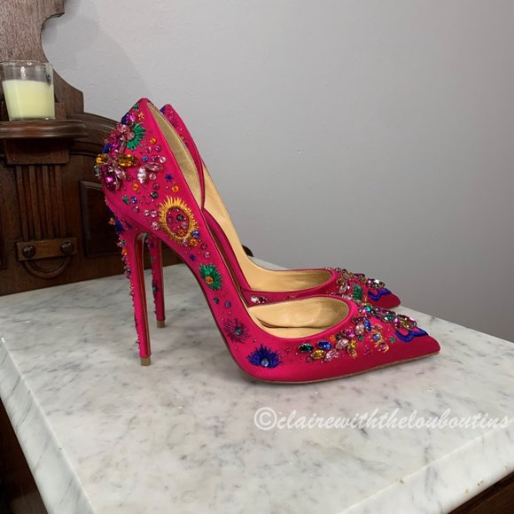 Louboutin Artifice 120 Fuchsia Satin Embellished Pumps size 39 - Picture 2 of 9